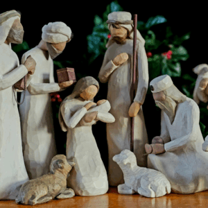 A Christmas nativity scene in clay depicting the birth of Jesus Christ.