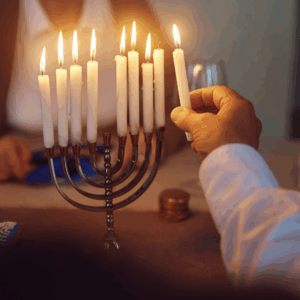 A hand holding the leader candle out to light the menorah for Hanukkah.