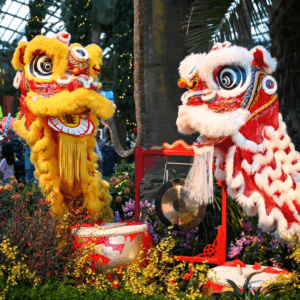 Two Chinese dragons in a garden.