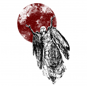 Painting of person with wings raising arms against a red moon in the background