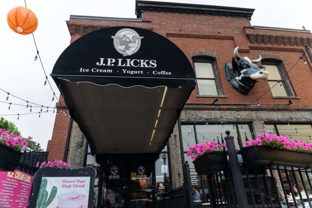 An awning and entryway into JP Licks ice cream store