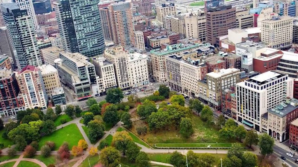 Aerial view of Boston Common and Emerson College's Boston Campus