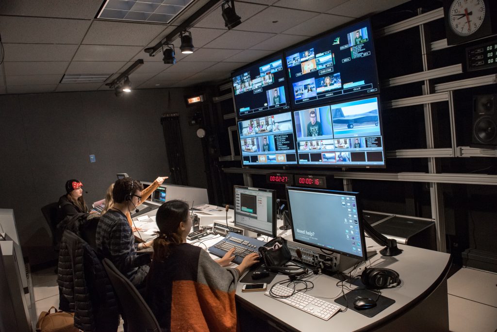 One of Emerson's film/video editing bays where graduate students work together to create TV broadcasts.