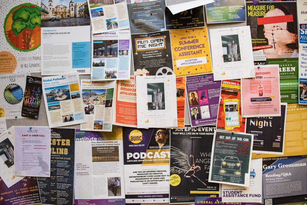 Bulletin board at Emerson advertising internships and extracurriculars for students.