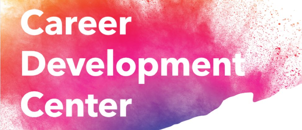 Graphic reads: Career Development Center over top an orange, red, pink, and purple gradient. 