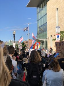 For Boston Pride in 2020, many chose to attend the Trans Resistance March. In this photo, Marchers pass the Roxbury Police Department during the Trans Resistance March in 2020