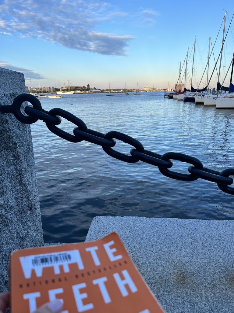 Image of a book cover, White Teeth by Zadie Smith, overlooking the Boston Harbor at sunset.