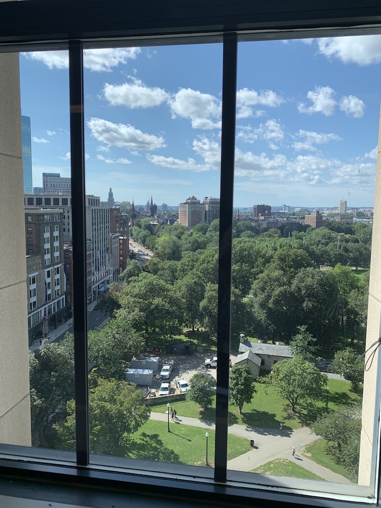 View from the windows in the Writing Literature and Publishing graduate student lounge, overlooking the Boston Common during spring time.