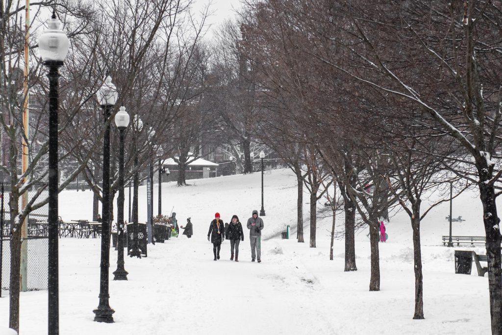 Three students walking on a snowy, tree-lined path in the Boston Common