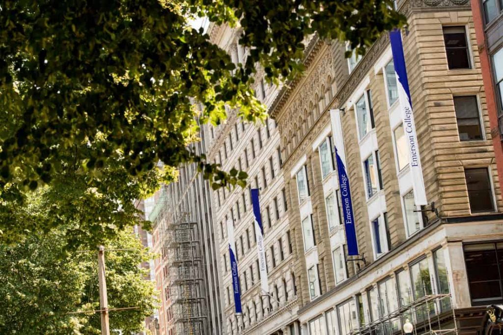 An Emerson building through tree branches