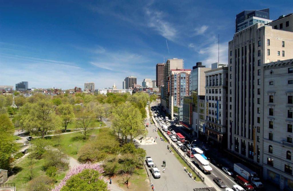 Aerial view of Emerson campus buildings and trees