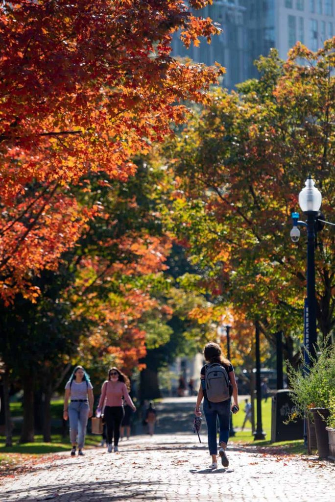 People walking in the Boston Common under colorful trees