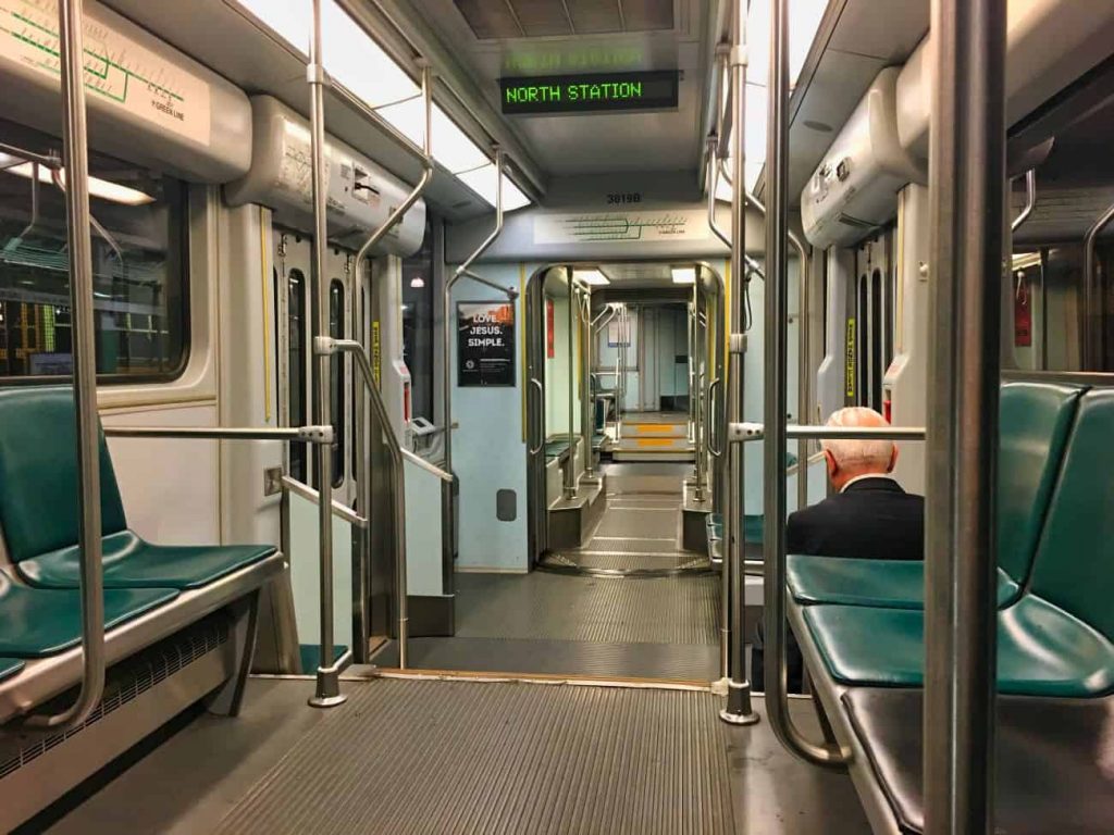 Inside of a Green Line train going to North Station