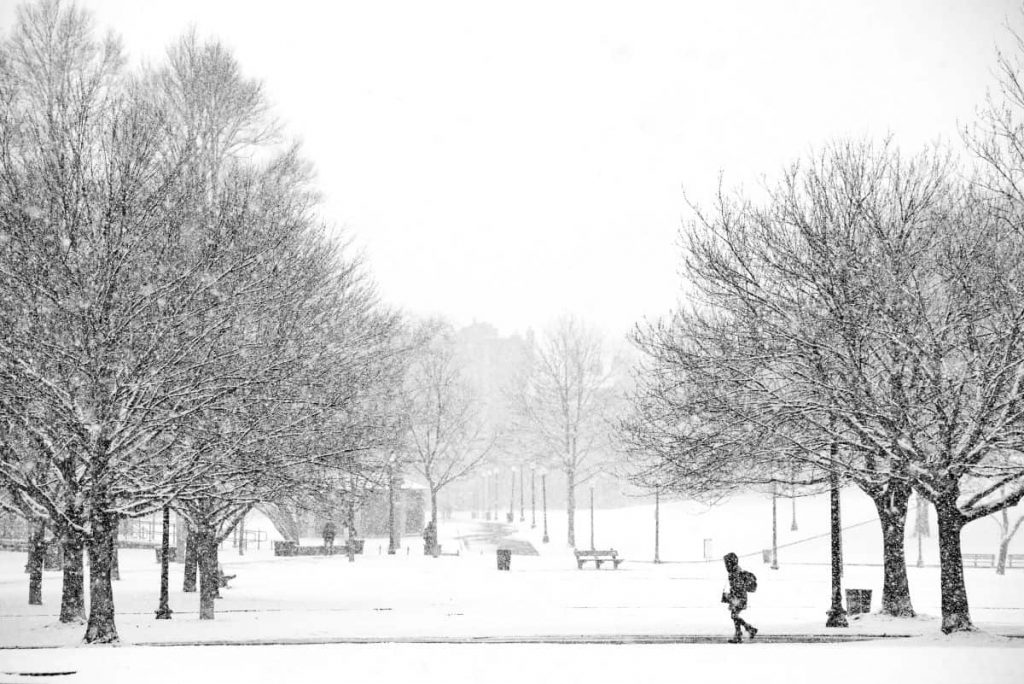 A student walks through the snowy Boston Common