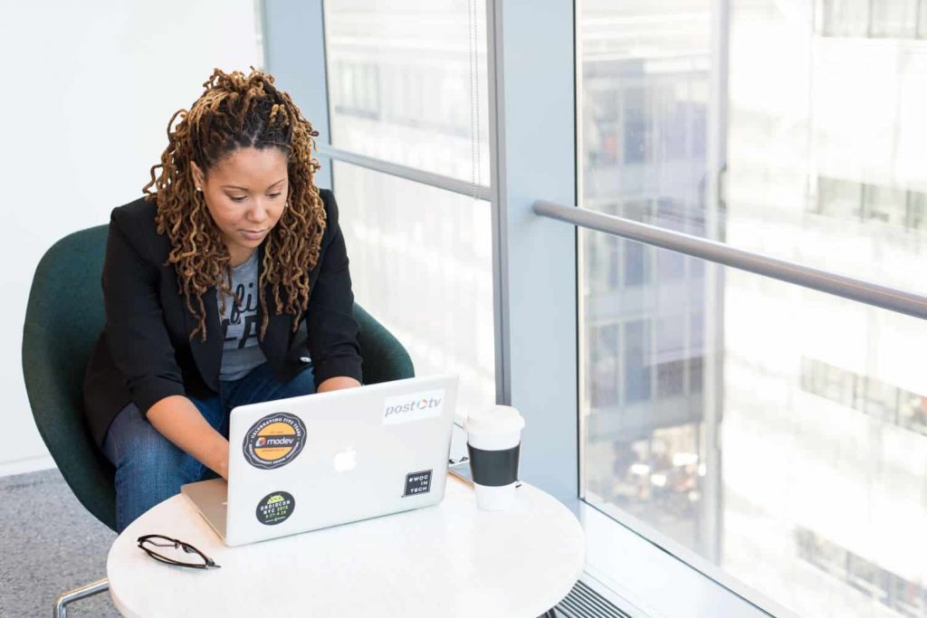 Student studies at laptop during Black History Month