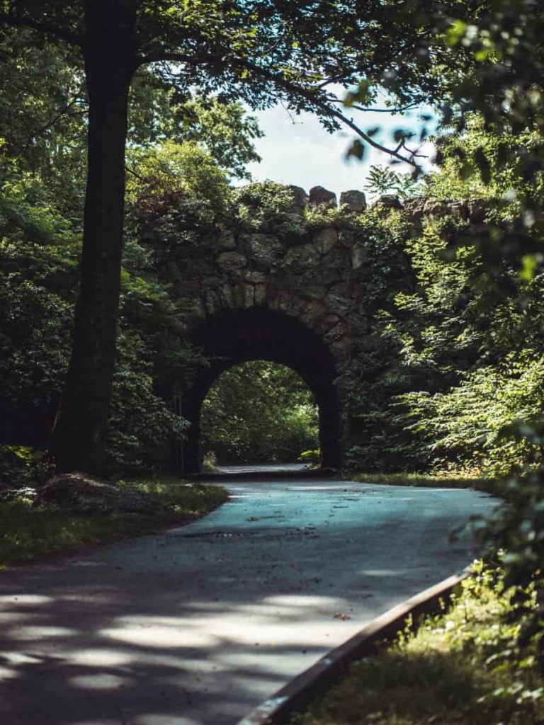 An arch overlooking a hiking path in Franklin Park