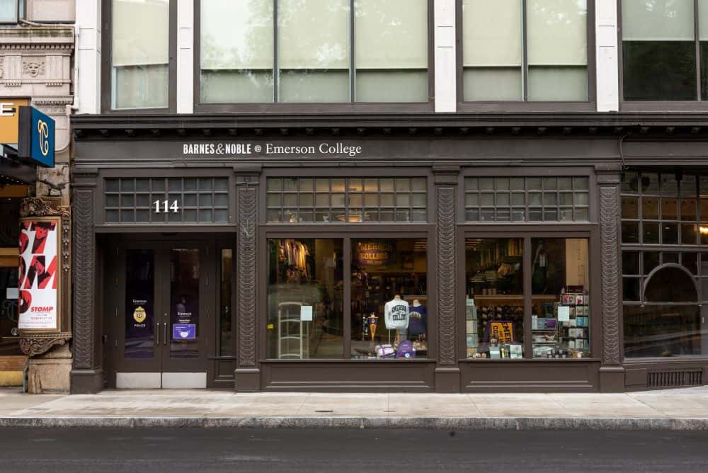 The outside of Emerson's bookstore, with large windows displaying merchandise 