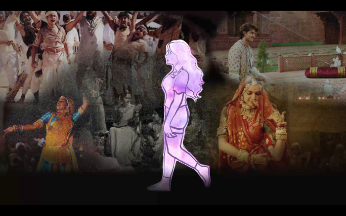 A collage of various characters from a Bollywood film, with an illustrated woman in the foreground