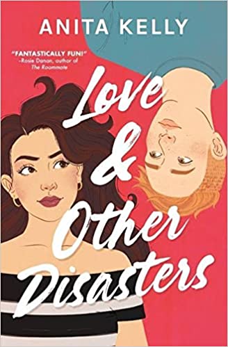 Cover of Love & Other Disasters, showing two illustrated figures. The figure on the left has long brown hair and a short sleeve black-and-white striped top. The figure on the right is upside down and looks at the person on the left. The rightmost person has short redish hair and a blue t-shirt.