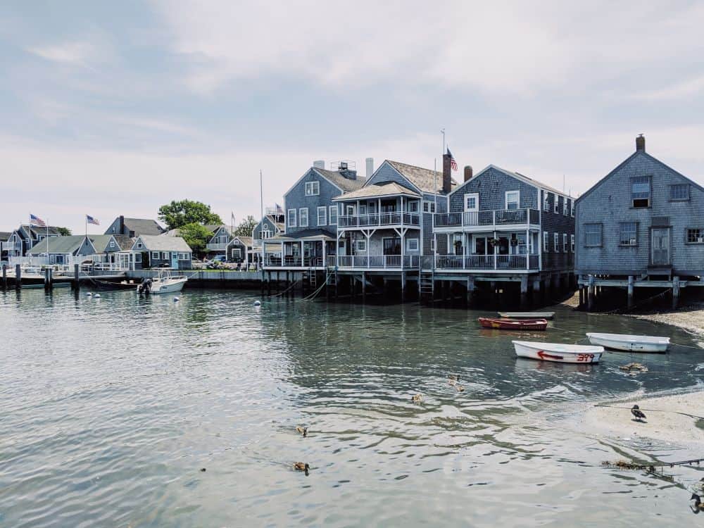 A view of Nantucket Island buildings on the water 