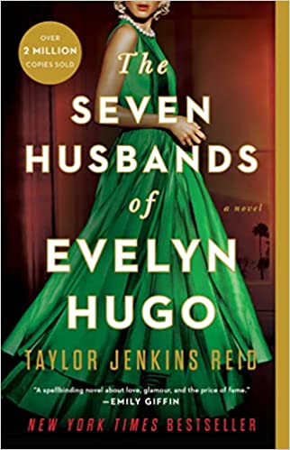 Cover of The Seven Husbands of Evelyn Hugo, showing a blonde woman in a green gown in front of a redish-brown wall