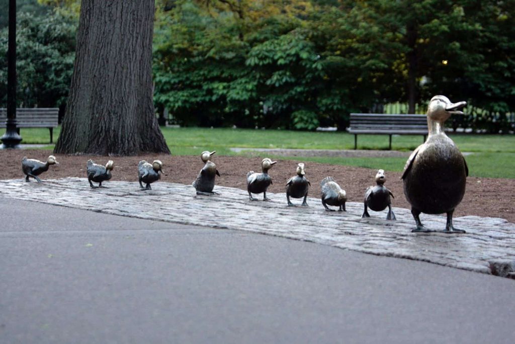 Sculpture in the Public Garden depicting the mother duck and eight ducklings from Robert McCloskey's "Make Way for Ducklings" book