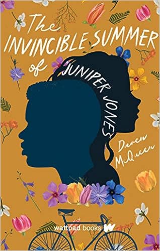 The cover of Daven's novel, The Invincible Summer of Juniper Jones. The silhouettes of a boy and girl appear in front of a yellow background with illustrated flowers and a bicycle