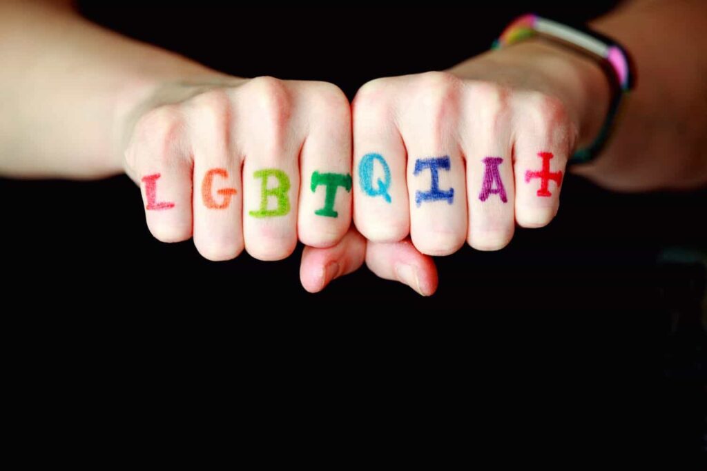 A person making two fists, with a letter painted on each finger. The letters spell LGBTQIA+