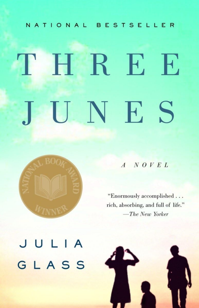 Book cover of "Three Junes" with the National Book Award Winner stamp.