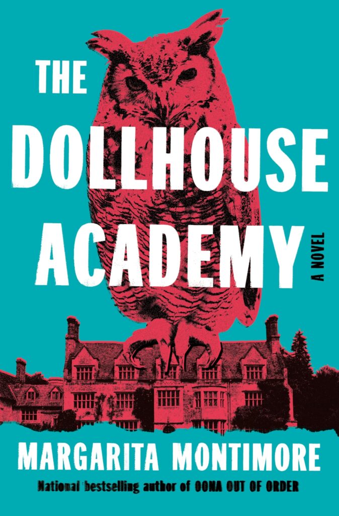 The book cover has a teal background with a cartoon image of a big owl sitting on top of an old building, all in hot pink. "The Dollhouse Academy" is in blocky white letters.