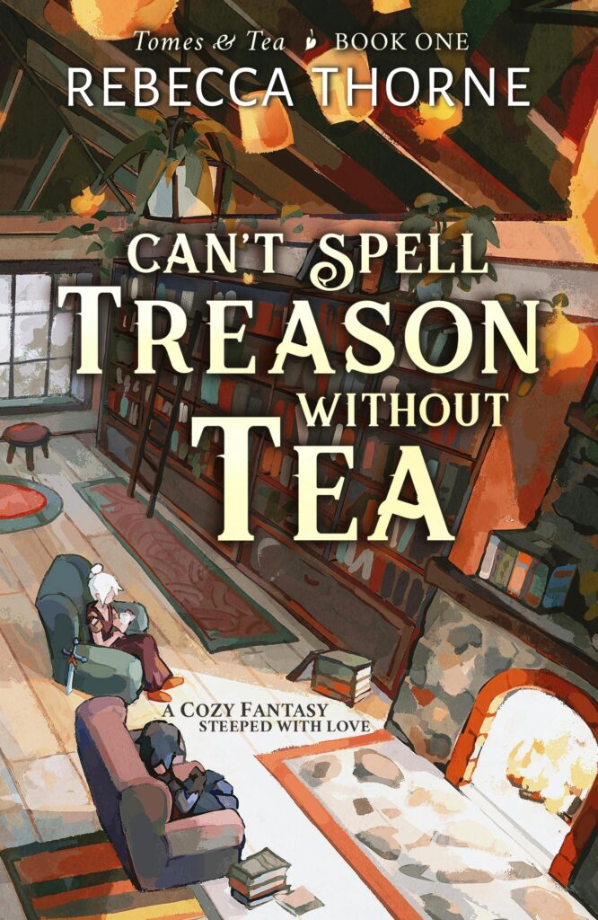 The cover is done in an anime cartoon style, featuring two characters sitting in a living room in comfortable chairs, looking at a stone fireplace and holding mugs of tea.