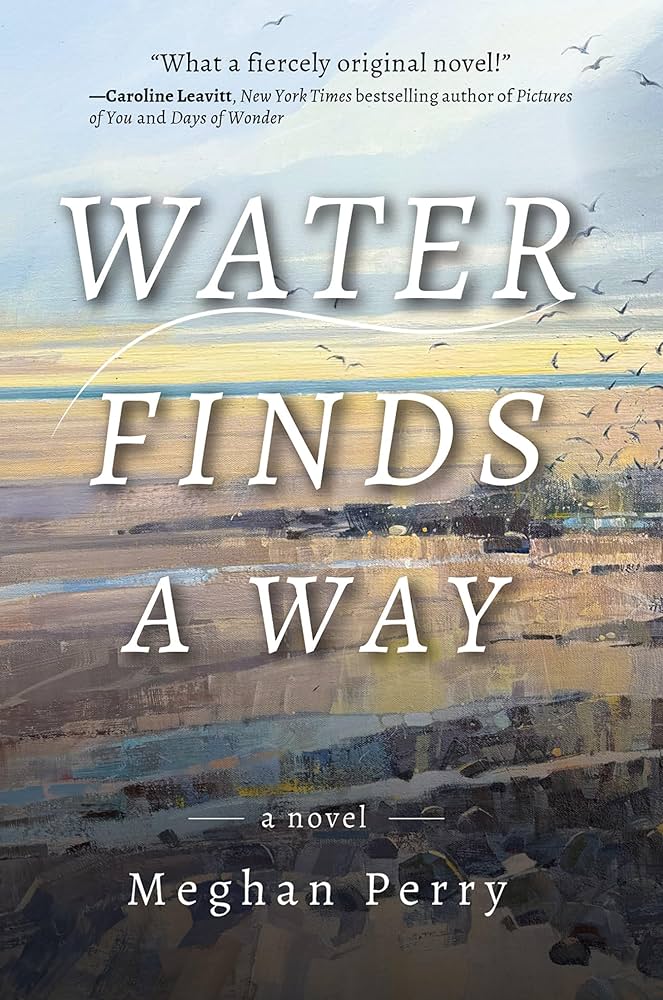 The book cover has the words "Water Finds a Way" in big white letters, over a backdrop of nature with water puddles and birds in the sky.