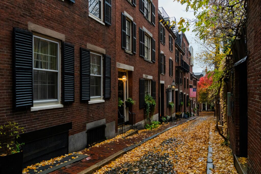 A Beacon Hill street during the fall on a gloomy day with yellow leaves on the ground.