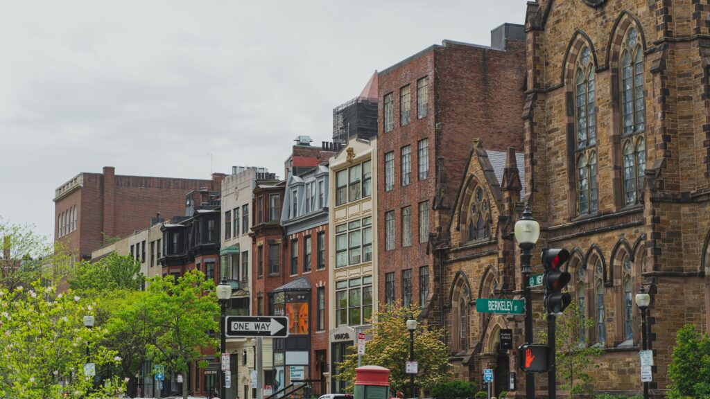 Street in Back Bay lined with buildings.