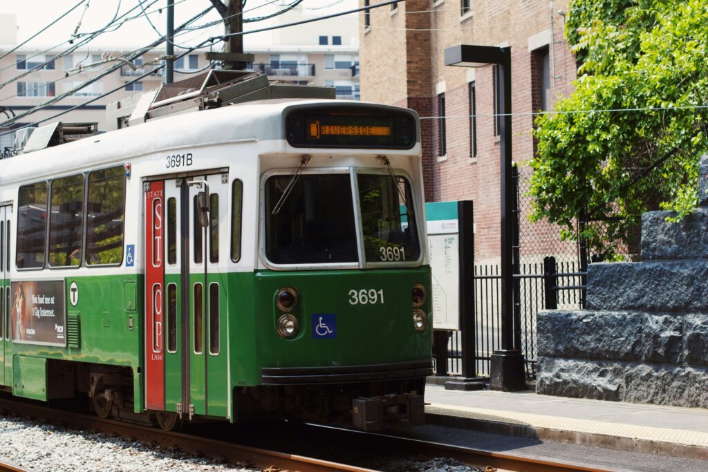 Green MBTA T Line headed for Riverside.