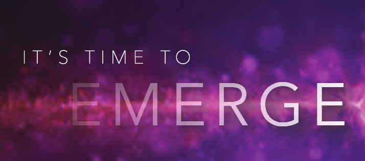 The photo says "It's time to Emerge" in white text over a gradient purple background.