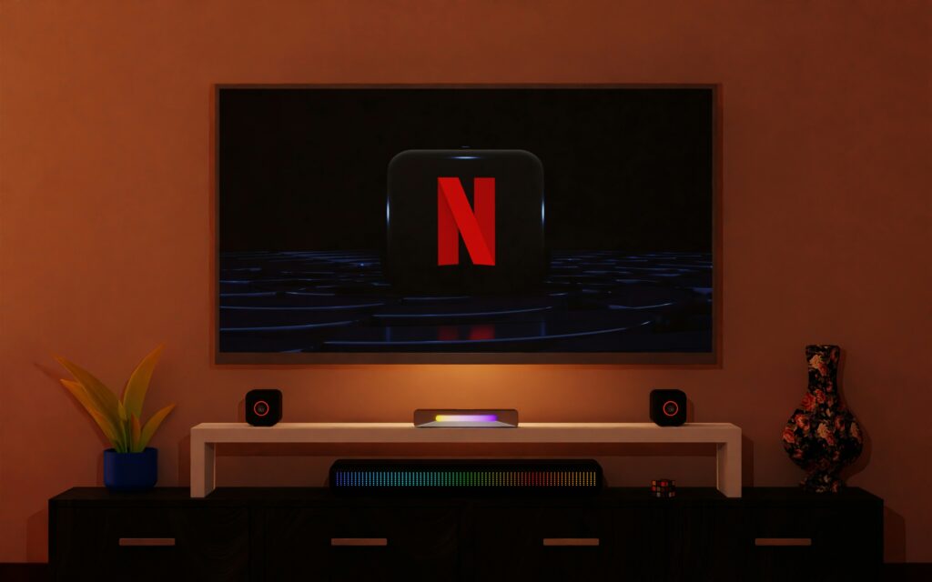 Large flatscreen TV is open to the Netflix logo.