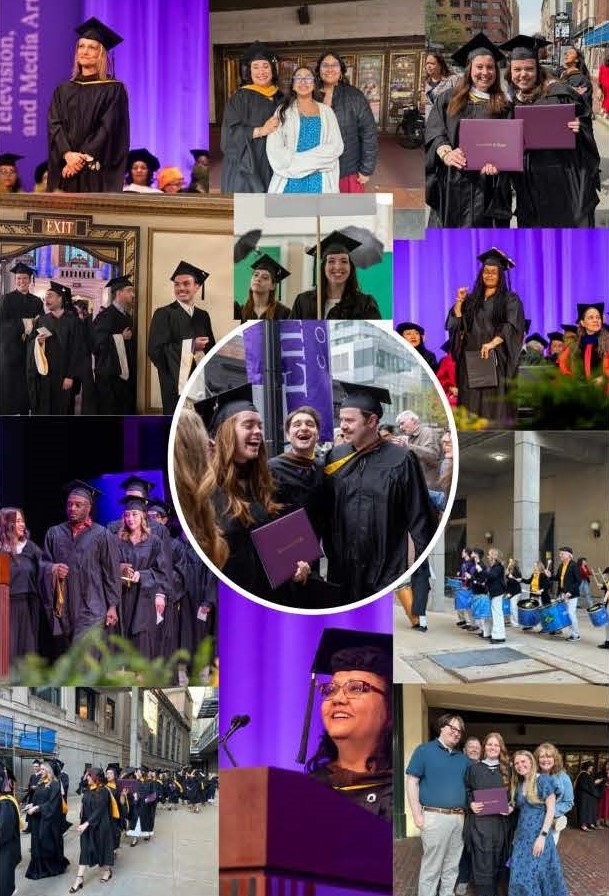 collage of photos showing Emerson Graduate Program grad students during the graduate hooding ceremony. groups of students gathered in black graduation caps and gowns. Student speaker in cap and gown standing at a podium