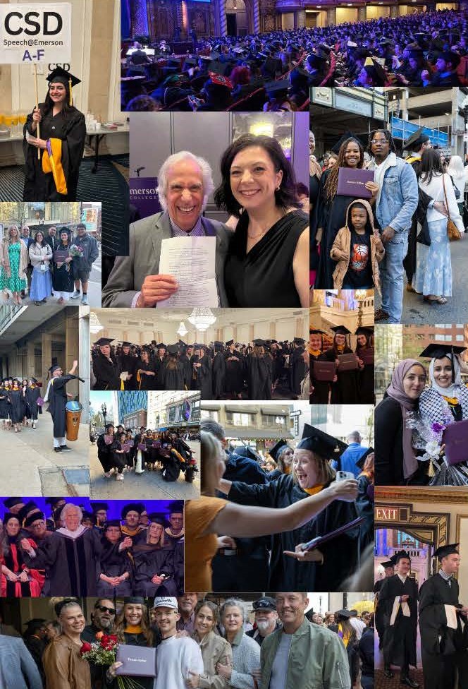 collage of photos showing Emerson Graduate Program grad students during the graduate hooding ceremony. groups of students gathered in black graduation caps and gowns.