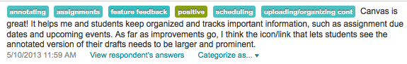 Canvas is great! It helps me and students keep organized and tracks important information, such as assignment due dates and upcoming events. As far as improvements go, I think the icon/link that lets students see the annotated version of their drafts needs to be larger and prominent. 