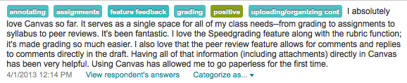  I absolutely love Canvas so far. It serves as a single space for all of my class needs--from grading to assignments to syllabus to peer reviews. It's been fantastic. I love the Speedgrading feature along with the rubric function; it's made grading so much easier. I also love that the peer review feature allows for comments and replies to comments directly in the draft. Having all of that information (including attachments) directly in Canvas has been very helpful. Using Canvas has allowed me to go paperless for the first time. 