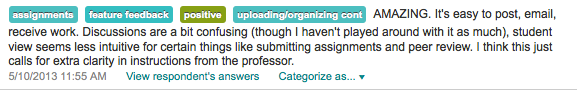  AMAZING. It's easy to post, email, receive work. Discussions are a bit confusing (though I haven't played around with it as much), student view seems less intuitive for certain things like submitting assignments and peer review. I think this just calls for extra clarity in instructions from the professor. 