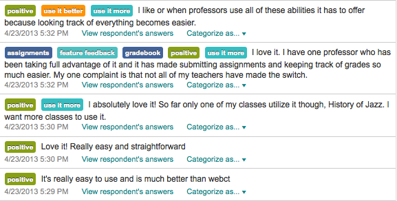  I like or when professors use all of these abilities it has to offer because looking track of everything becomes easier... I love it. I have one professor who has been taking full advantage of it and it has made submitting assignments and keeping track of grades so much easier. My one complaint is that not all of my teachers have made the switch... I absolutely love it! So far only one of my classes utilize it though, History of Jazz. I want more classes to use it...Love it! Really easy and straightforward... It's really easy to use and is much better than webct 