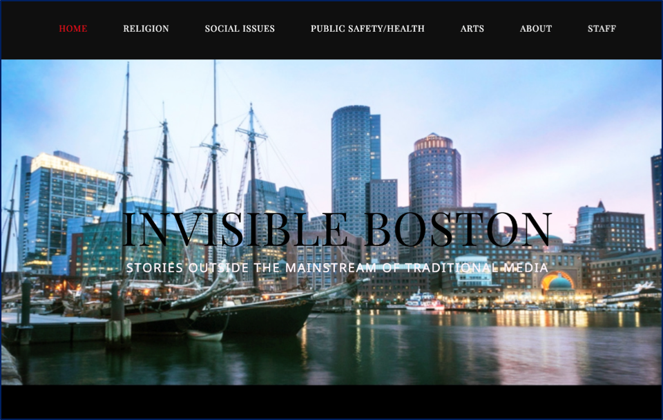The home page of Invisible Boston, an Emerson.build journalism project. Black vertical bars frame a cityscape with black text at its center that reads "Invisible Boston."