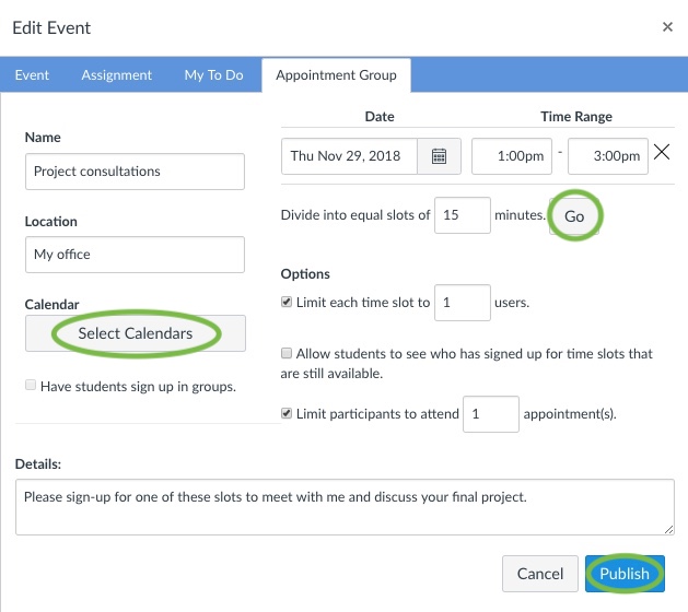 Options when creating a new appointment group.