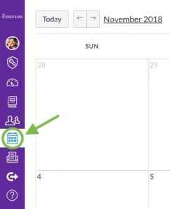 The Calendar button in the Canvas account menu, a purple strip to the far left.