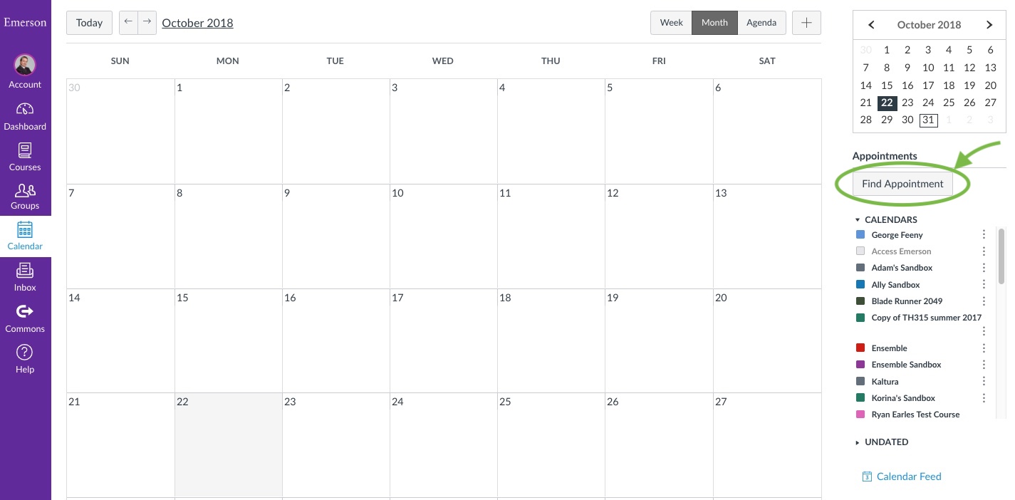 The "Find Appointments" button on the Calendar in student view.