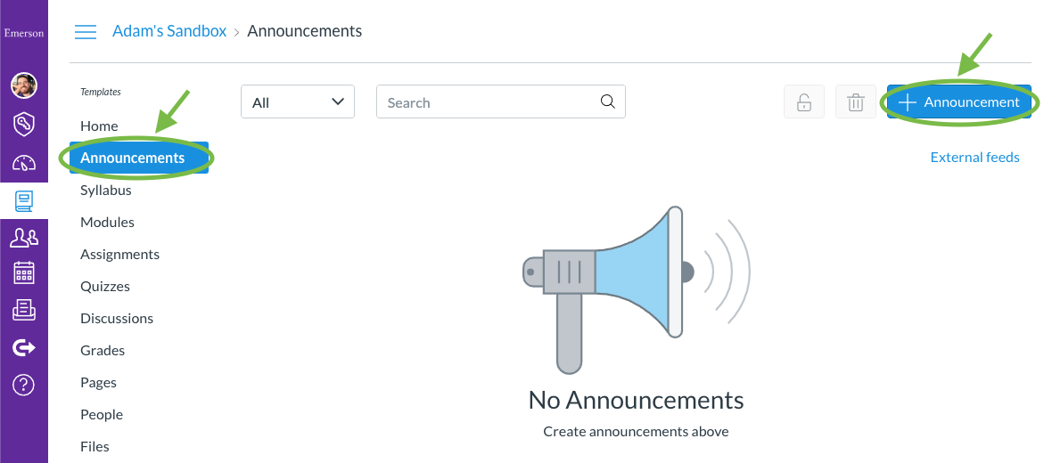 The Announcements tool in Canvas, with the + Announcement button marked at top-right.