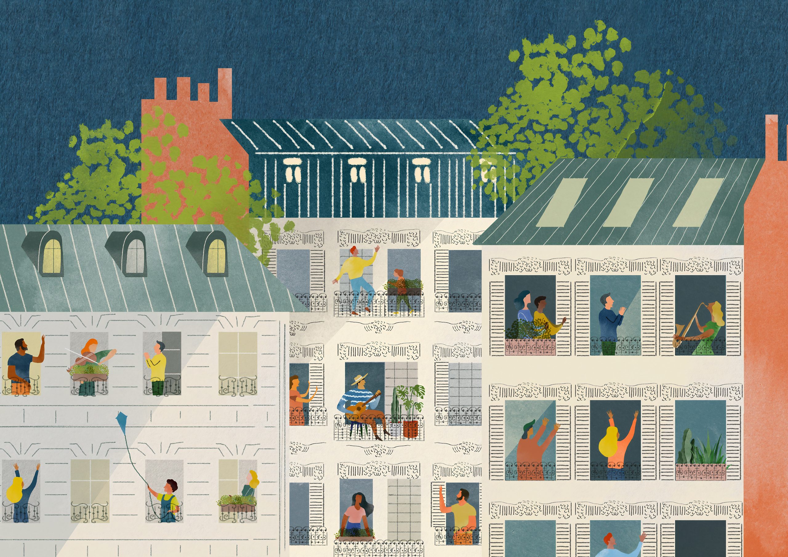 An illustration of an apartment complex, each window with a figure dancing, signing, or playing music to each other.