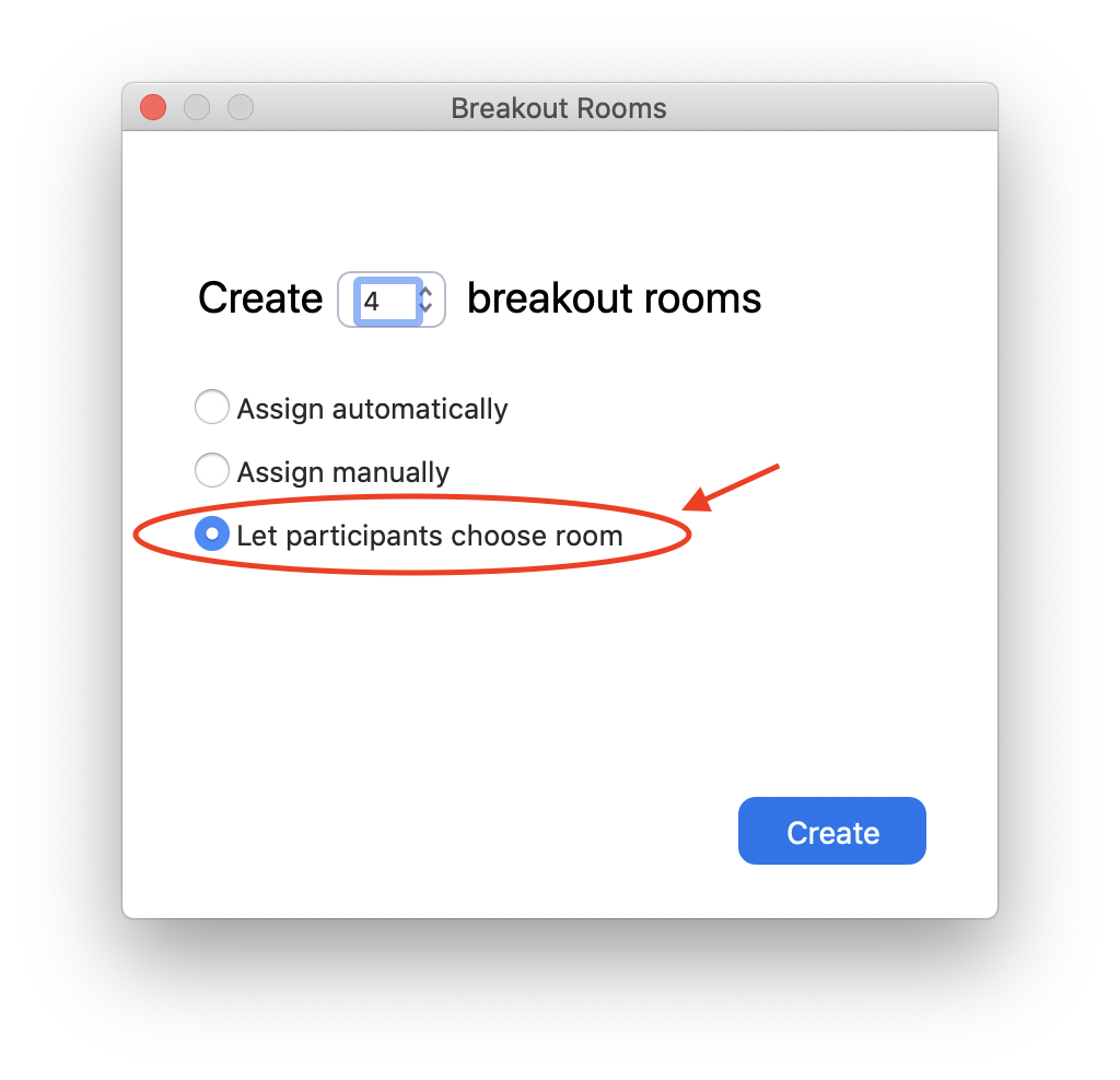 Screenshot showing the process of creating self-select breakout rooms, as explained on page.